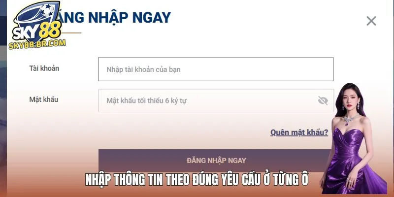 Đăng Nhập SKY88 3 Nhập thông tin theo đúng yêu cầu ở từng ô